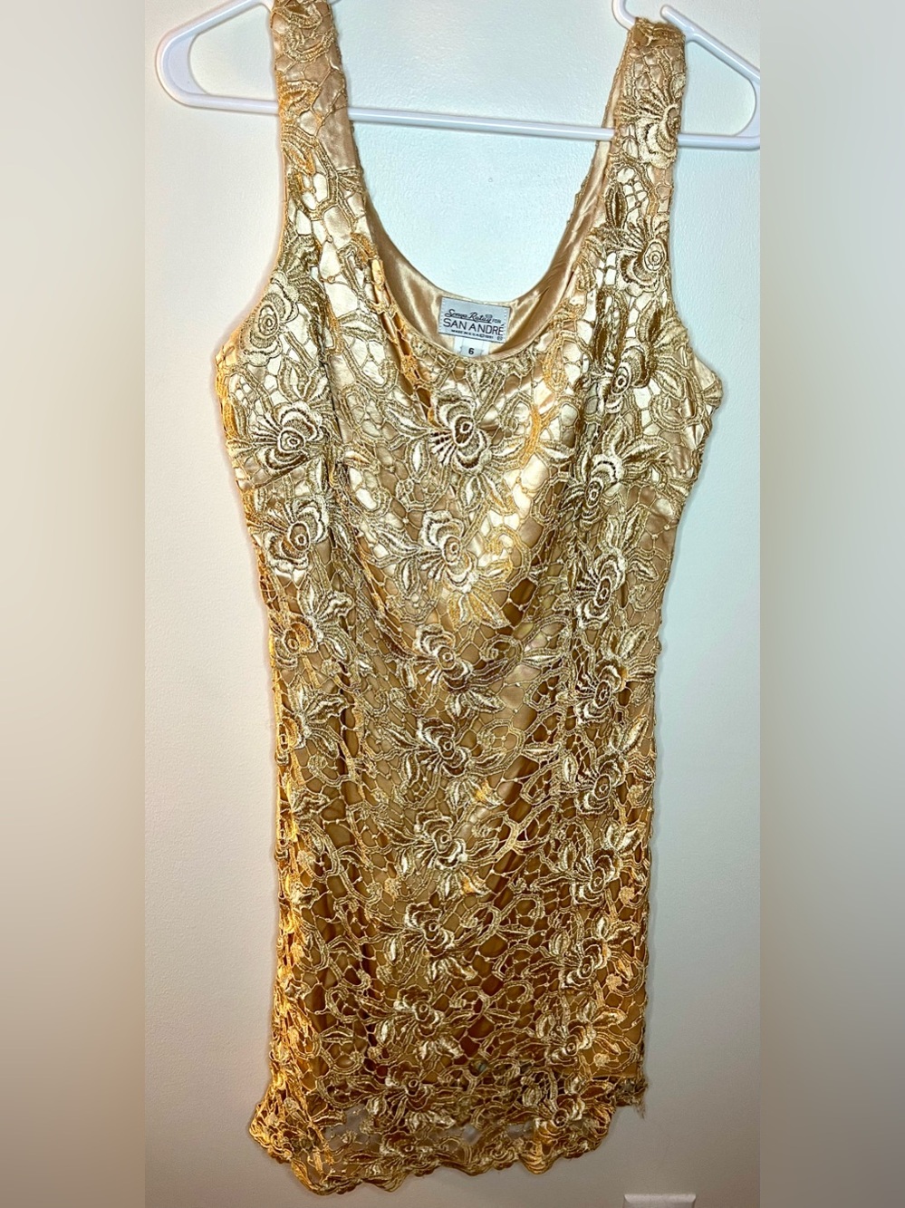 Vintage 1991 Sonya Ratay for San Andre Gold Floral Lace Dress